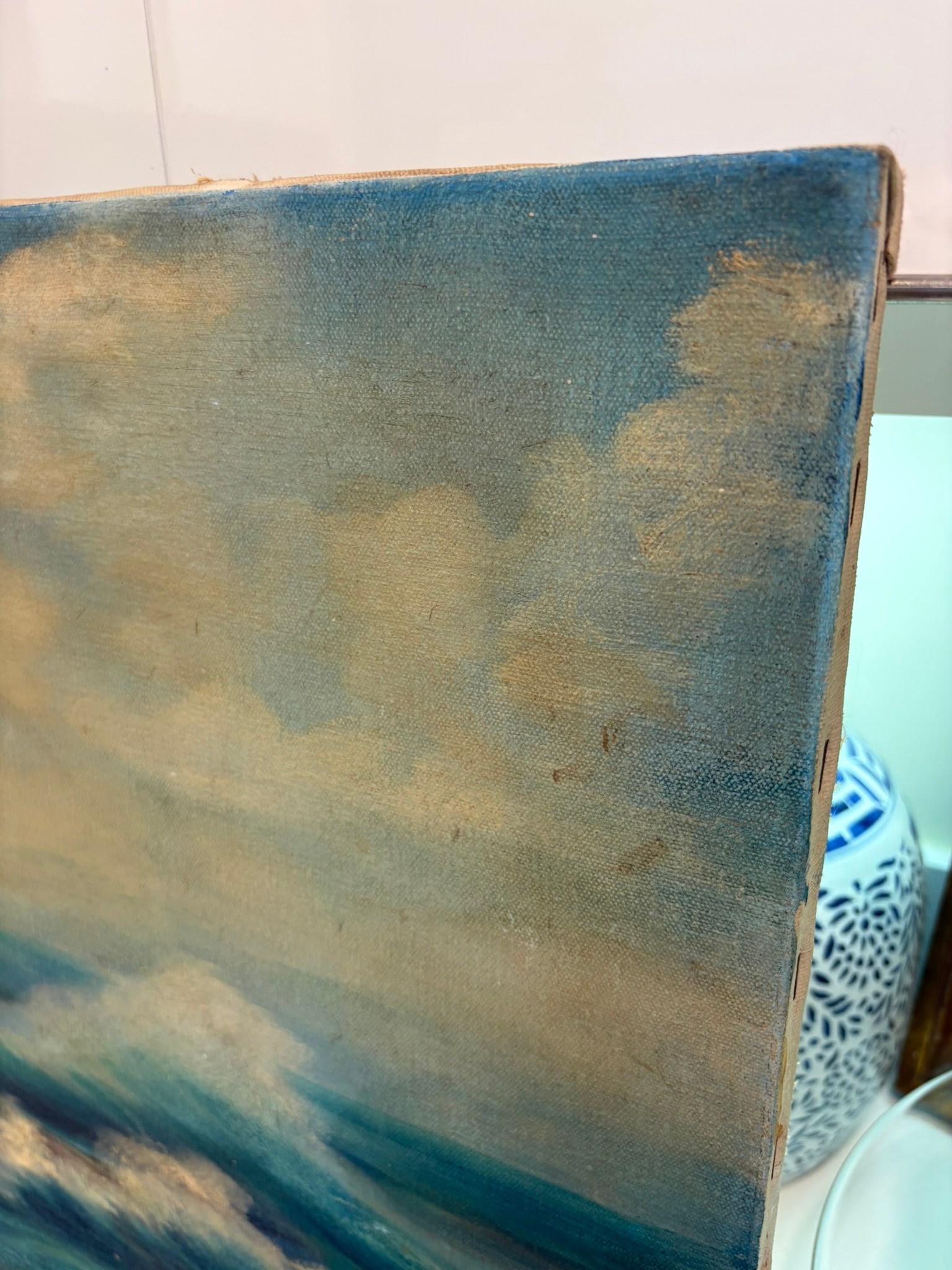 Vintage Moody Coastal Seascape Oil Painting With Dory in Rough Seas Ocean - 12