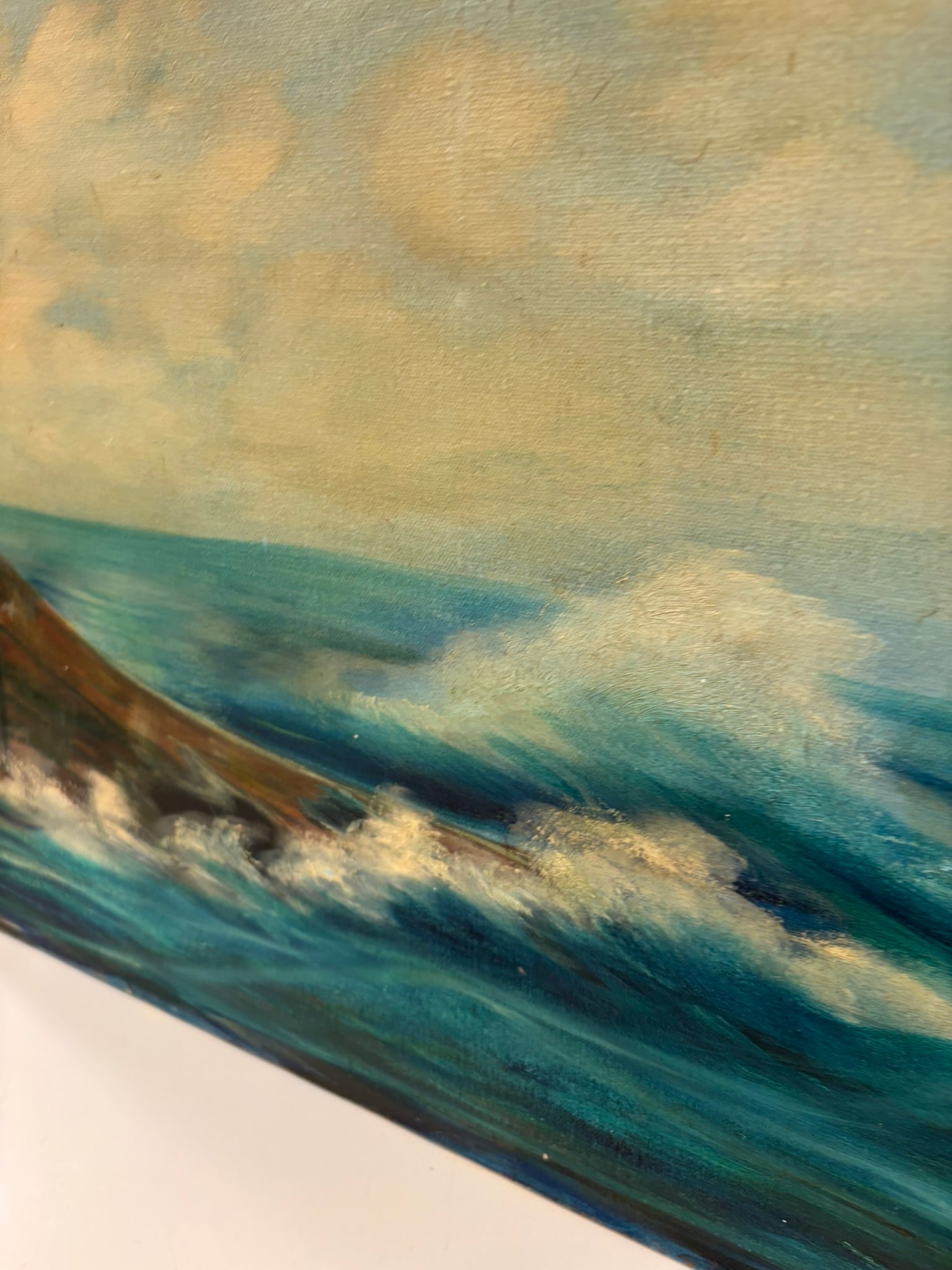 Vintage Moody Coastal Seascape Oil Painting With Dory in Rough Seas Ocean - 14