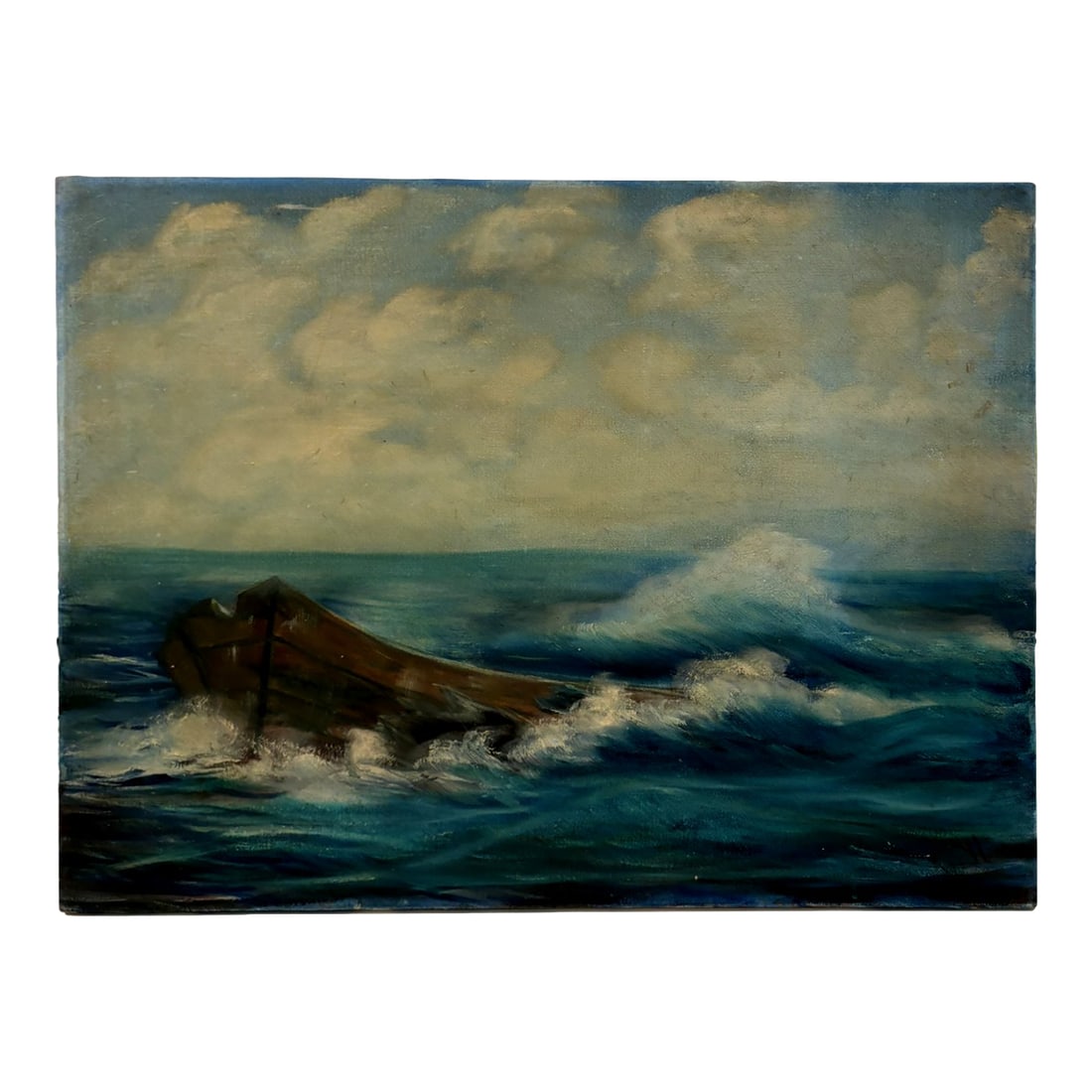 Vintage Moody Coastal Seascape Oil Painting With Dory in Rough Seas Ocean: Vintage Coastal Seascape Oil Painting With Dory In Rough Seas Moody vintage seascape with a lone dory cutting through choppy surf under a wide, cloud-filled sky. Classic nautical wall art that reads