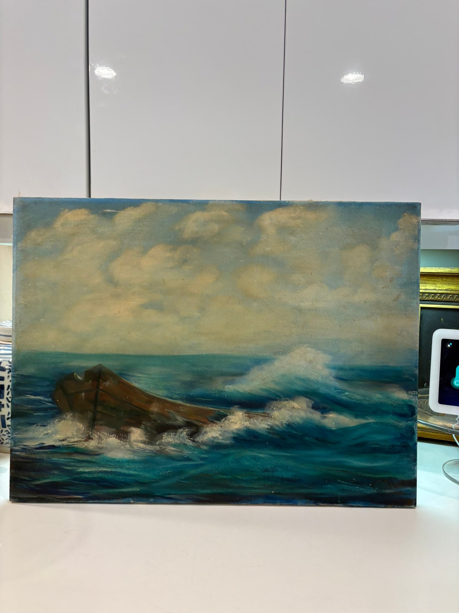 Vintage Moody Coastal Seascape Oil Painting With Dory in Rough Seas Ocean - 2