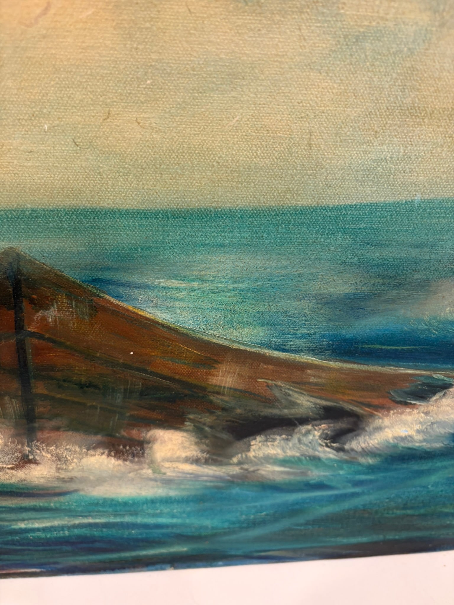 Vintage Moody Coastal Seascape Oil Painting With Dory in Rough Seas Ocean - 5