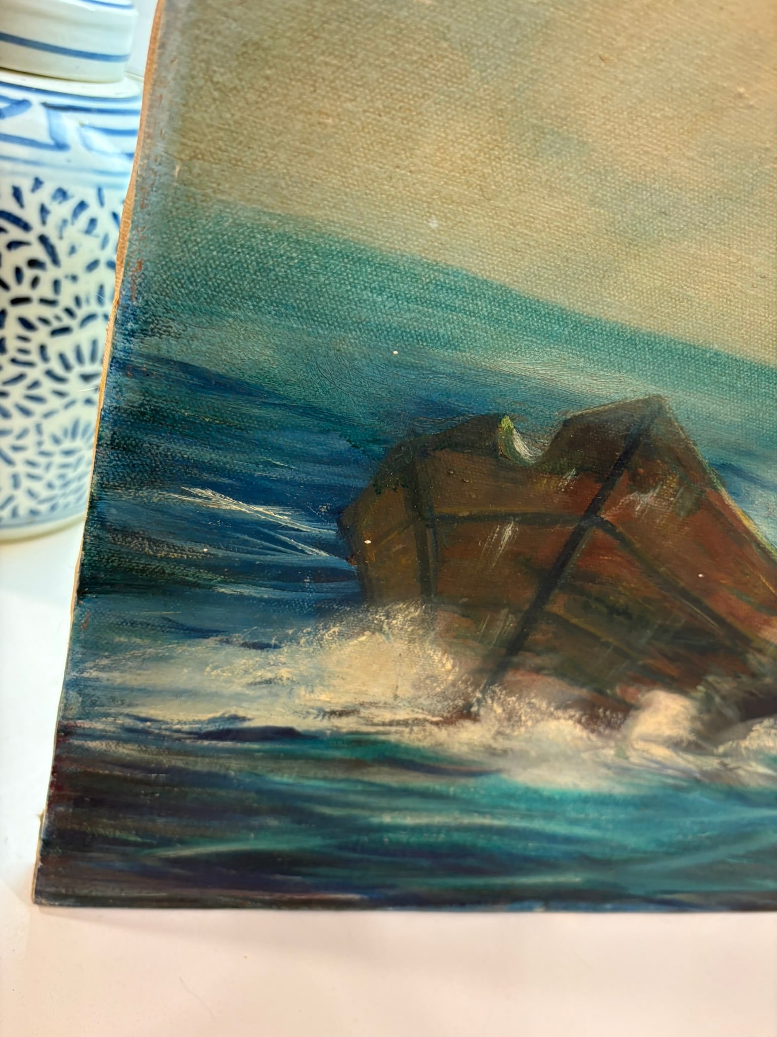 Vintage Moody Coastal Seascape Oil Painting With Dory in Rough Seas Ocean - 6