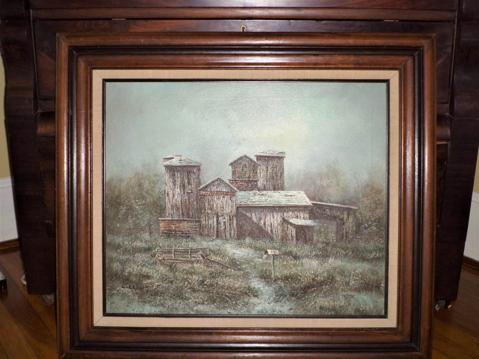 Mid 20th Century Barn Scene Oil Painting, Framed - 12