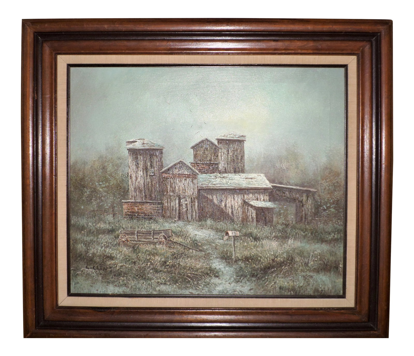 Mid 20th Century Barn Scene Oil Painting, Framed: This is a Wonderful Mid Century Signed oil on Canvas of a country Barn with a Old Wagon that has Detail and the and the Colors are a Muted Blue, Green & Brown and this is a Master Artist as the depth