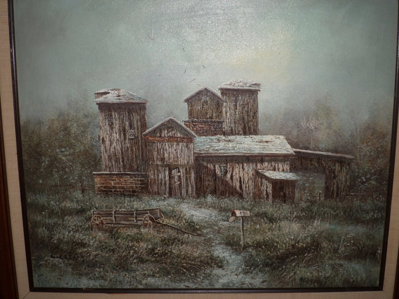 Mid 20th Century Barn Scene Oil Painting, Framed - 8
