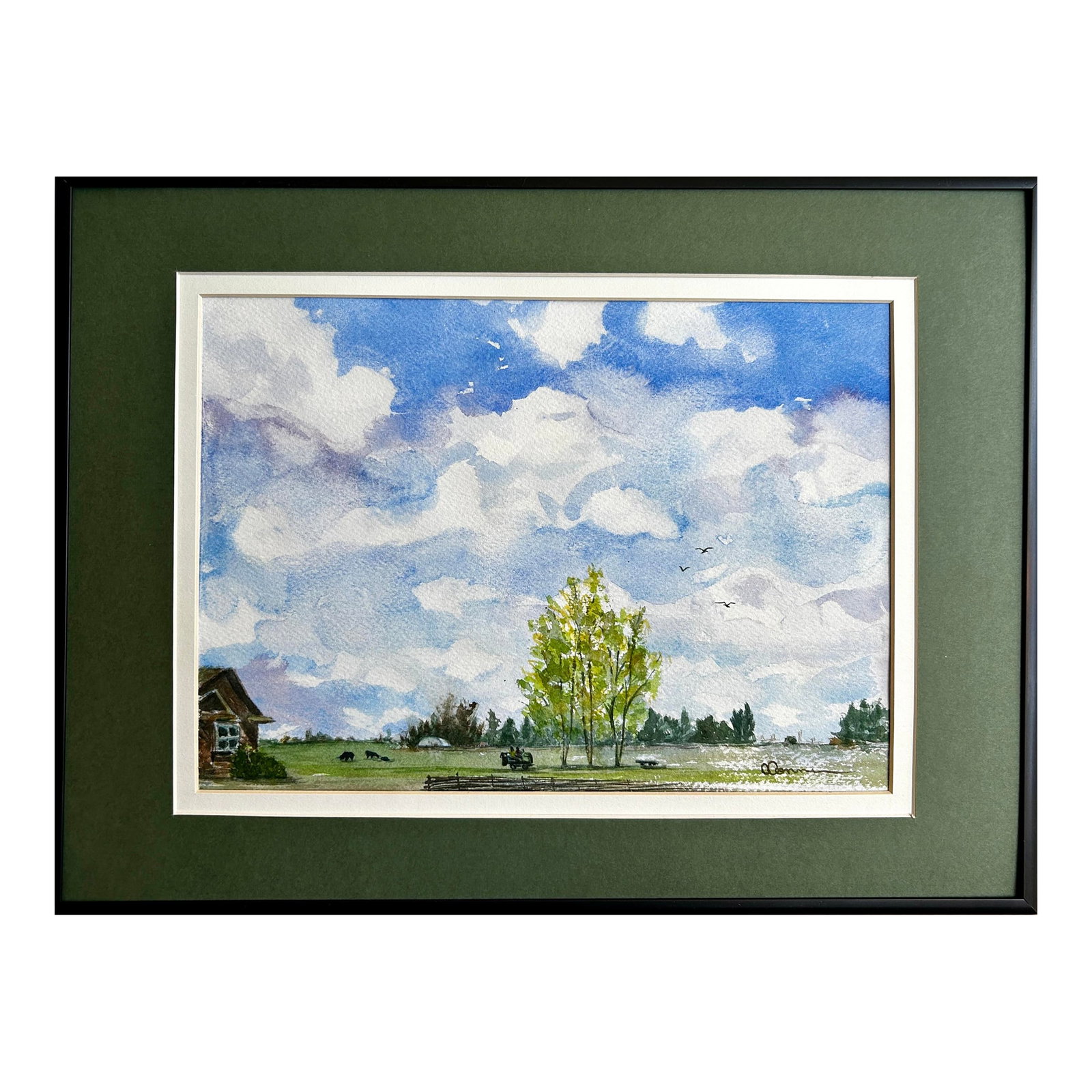 Framed Original Watercolor Painting Idaho Mowing Day: Framed original watercolor painting of an Idaho mowing day with the grandkids helping. Approximately 16.25 x 12.25 x 1 inches framed as shown. The painting is 11.25 x 8.5 inches. Custom black metal fr