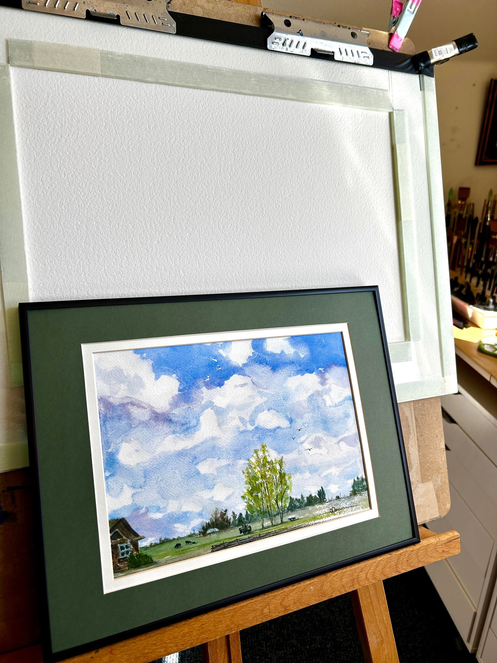 Framed Original Watercolor Painting Idaho Mowing Day - 3