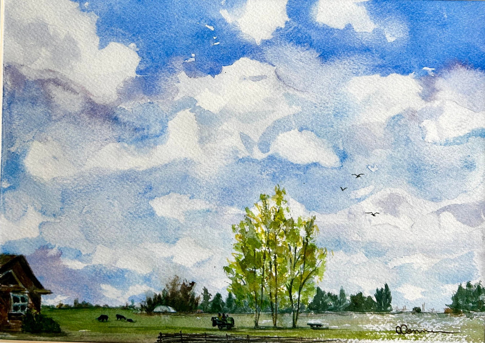 Framed Original Watercolor Painting Idaho Mowing Day - 5