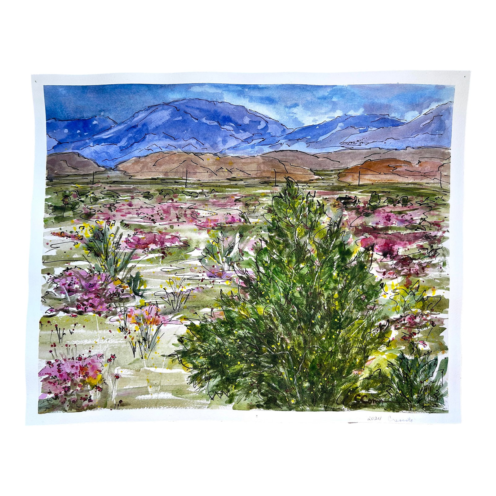 Original Watercolor Painting "Creosote After the Rain": Original watercolor painting of "Creosote after the Rain" in the desert. The special scent is an unforgettable part of my childhood there. Daniel Smith professional paints. Archival watercolor paper.