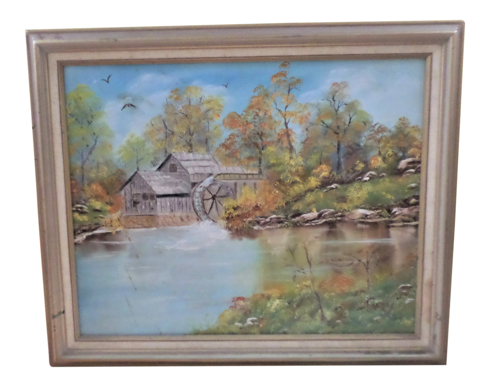 Mid 20th Century Rustic Landscape with Mill and Stream Oil Painting, Framed: This is a Vintage Mid Century Oil Painting on Canvas that is Artist Signed "Furey" in the Original Frame that is a Mill House By a Stream and Forest that has Beautiful Green and Blue and Brown Colors 
