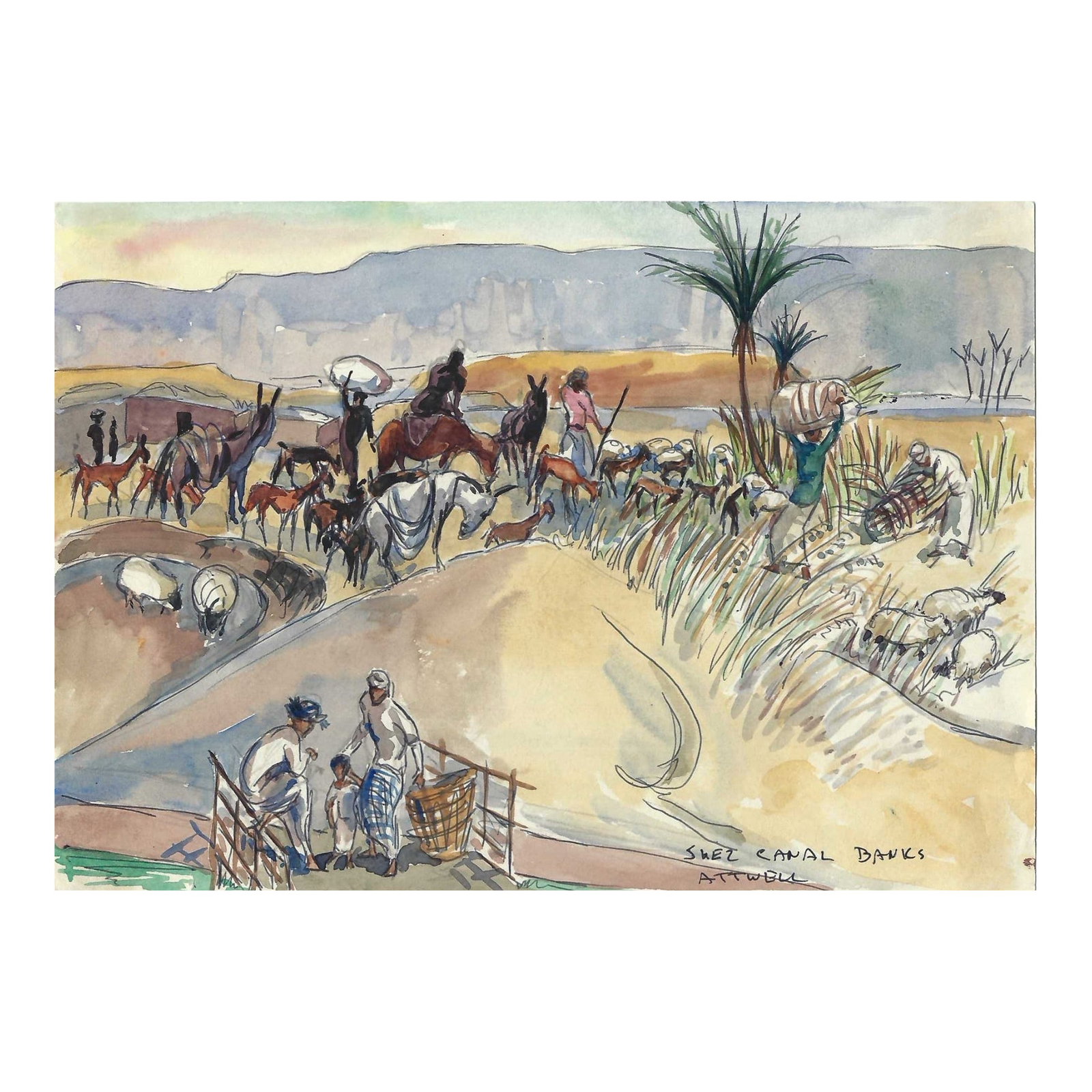 1950s Ivy Attwell Suez Canal Egyptian Watercolor: The banks of the Suez in Egypt painting by English artist Ivy Attwell (1895-1985). Attwell traveled extensively all over the world and recorded her travels from the 1950s through the 70s. Watercolor o