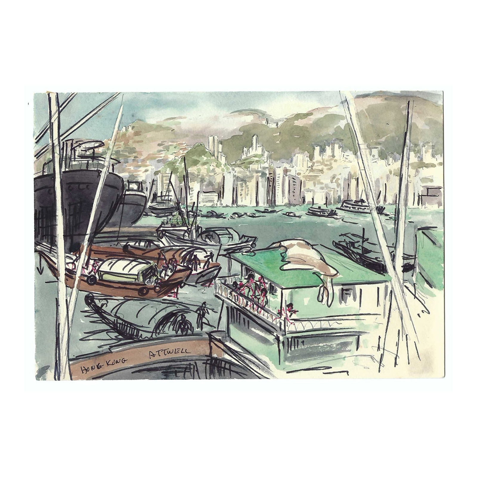 1950s Ivy Attwell Hong Kong Watercolor: Painting Of Hong Kong from the harbor by English artist Ivy Attwell (1895-1985). Attwell traveled extensively all over the world and recorded her travels from the 1950s through the 70s. Watercolor on 