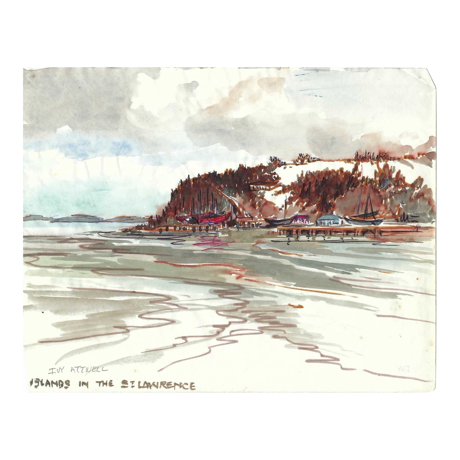 1950s Ivy Attwell Islands in the St Lawrence Canadian Watercolor: Painting by English artist Ivy Attwell (1895-1985). Attwell traveled extensively all over the world and recorded her travels from the 1950s until about 1980. Watercolor on paper, inscribed land signed