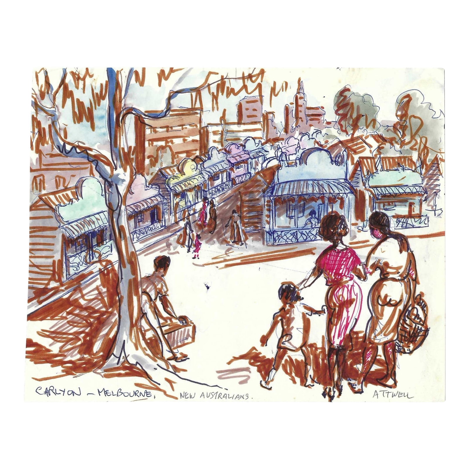 1950s Ivy Attwell Melbourne Australia Watercolor: Painting by English artist Ivy Attwell (1895-1985). Attwell traveled extensively all over the world and recorded her travels from the 1950s until about 1980. Watercolor and ink on paper of the Carlton