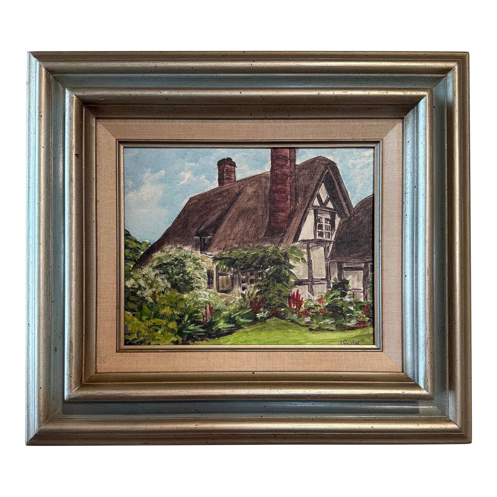 English Cottage Painting by Jill Pavlas: Charming original painting of an English cottage by Texas artist, Jill Pavlas. Framed in a vintage frame. Condition: Alterations: Original Design Modified Imperfections: Some Imperfections Condition