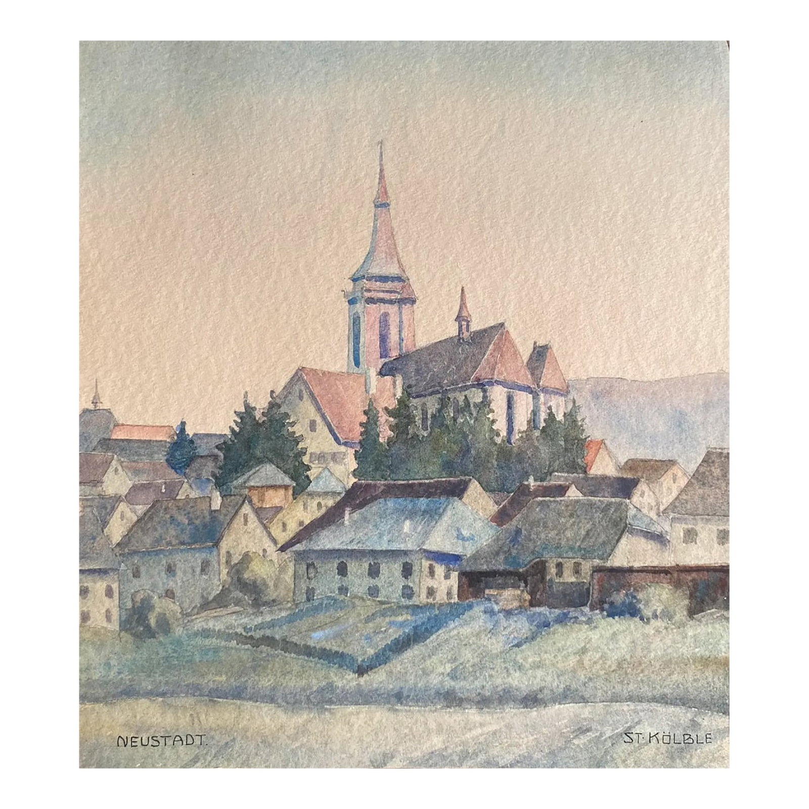 1940s Watercolor of Church in Neustadt Germany: 1930s watercolor of church in Neustadt, Germany. Inscribed "Neustadt" lower left and "St. Kolble" lower right. Combined shipping available, please inquire. Condition: Alterations: Original Condition