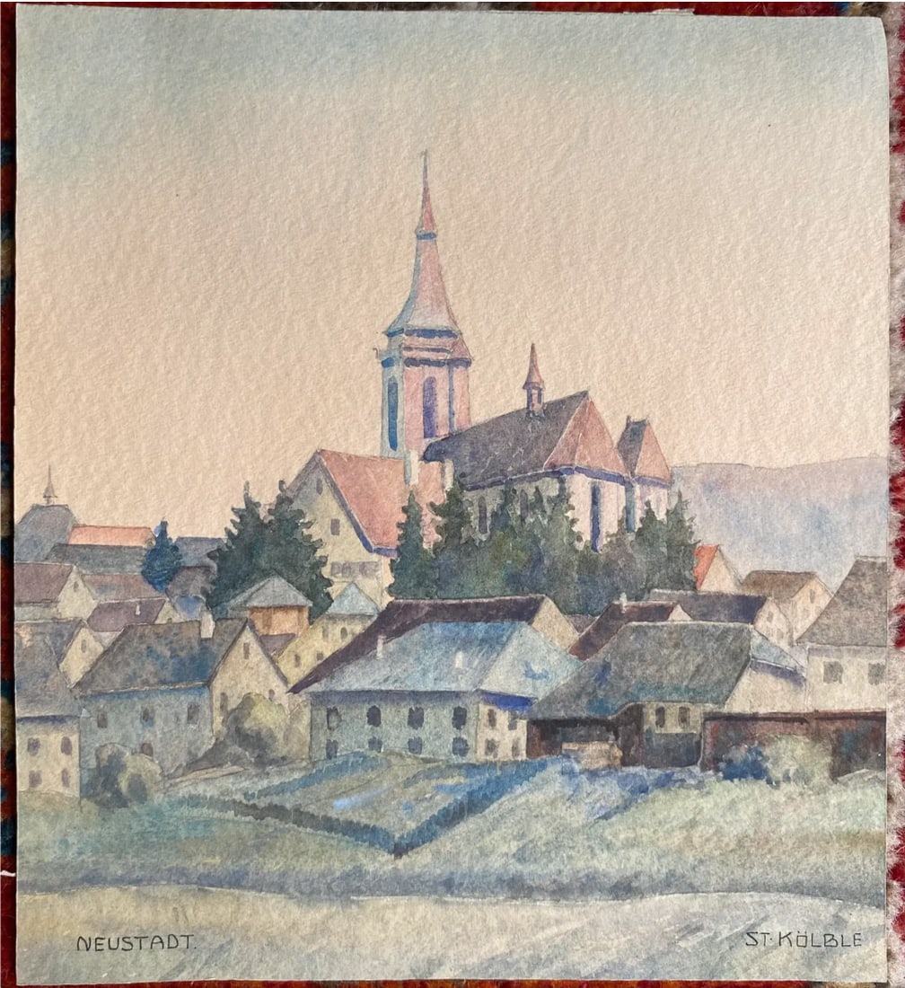 1940s Watercolor of Church in Neustadt Germany - 2