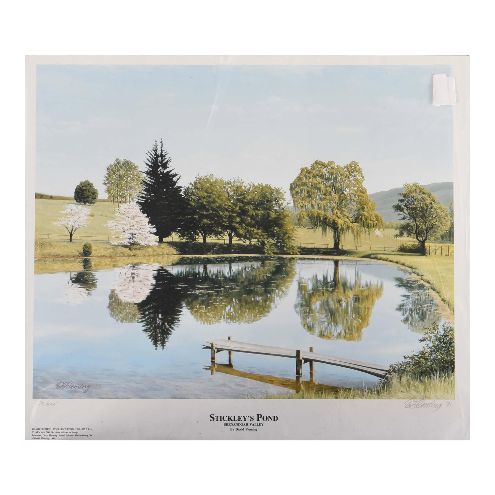 Stickley's Pond - David Fleming Signed 1991 Edition: A signed and numbered limited edition lithograph by David Fleming, showcasing a serene landscape from the Shenandoah Valley. This 1991 piece is notable for its masterful handling of light and reflecti
