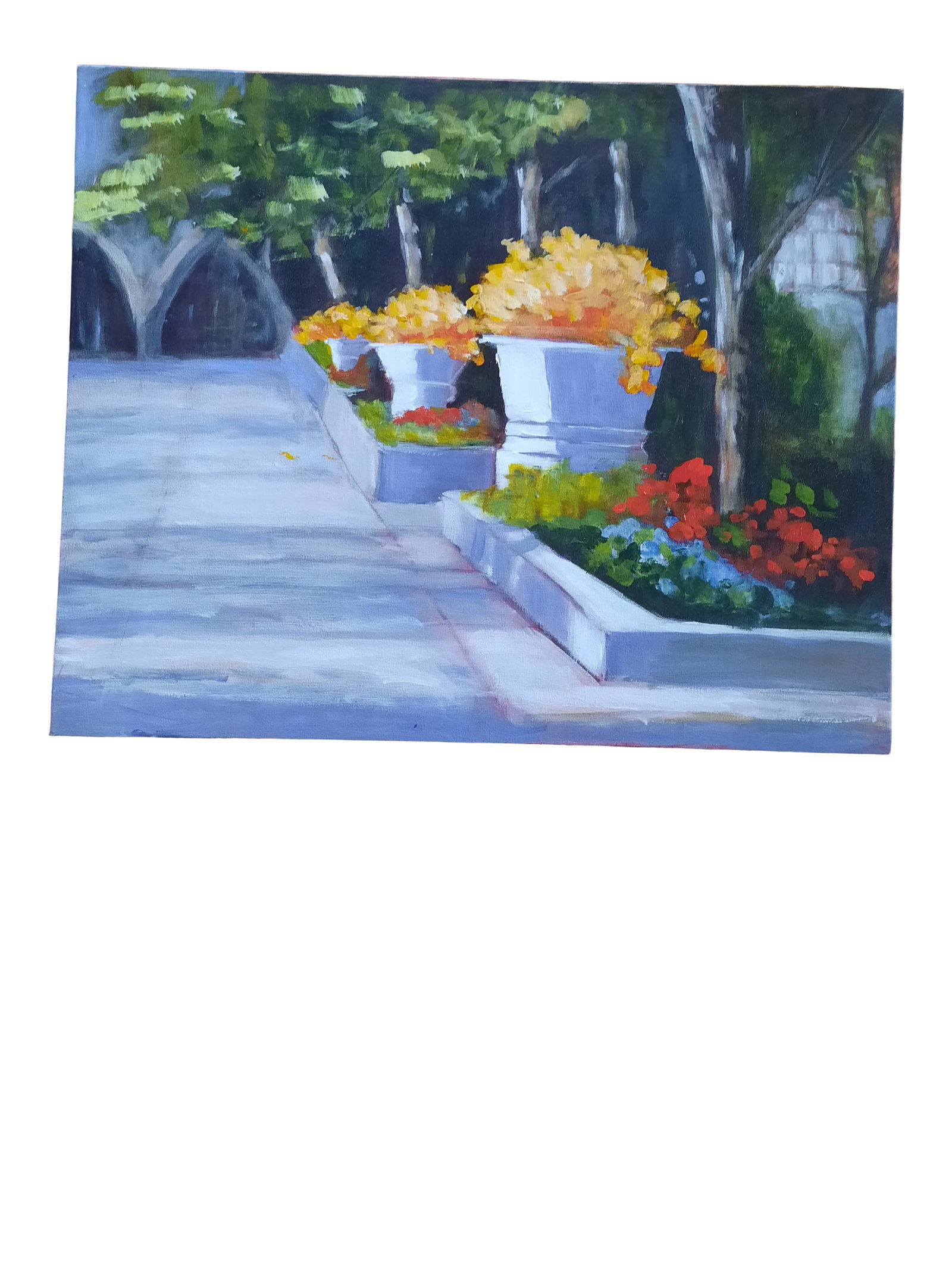 A Walk in the Garden Painting: Market found, I love the architectural garden element offered in this acrylic on canvas panel offers. This piece will become very elevated with a great frame. Unsigned. Condition: Alterations: Origina