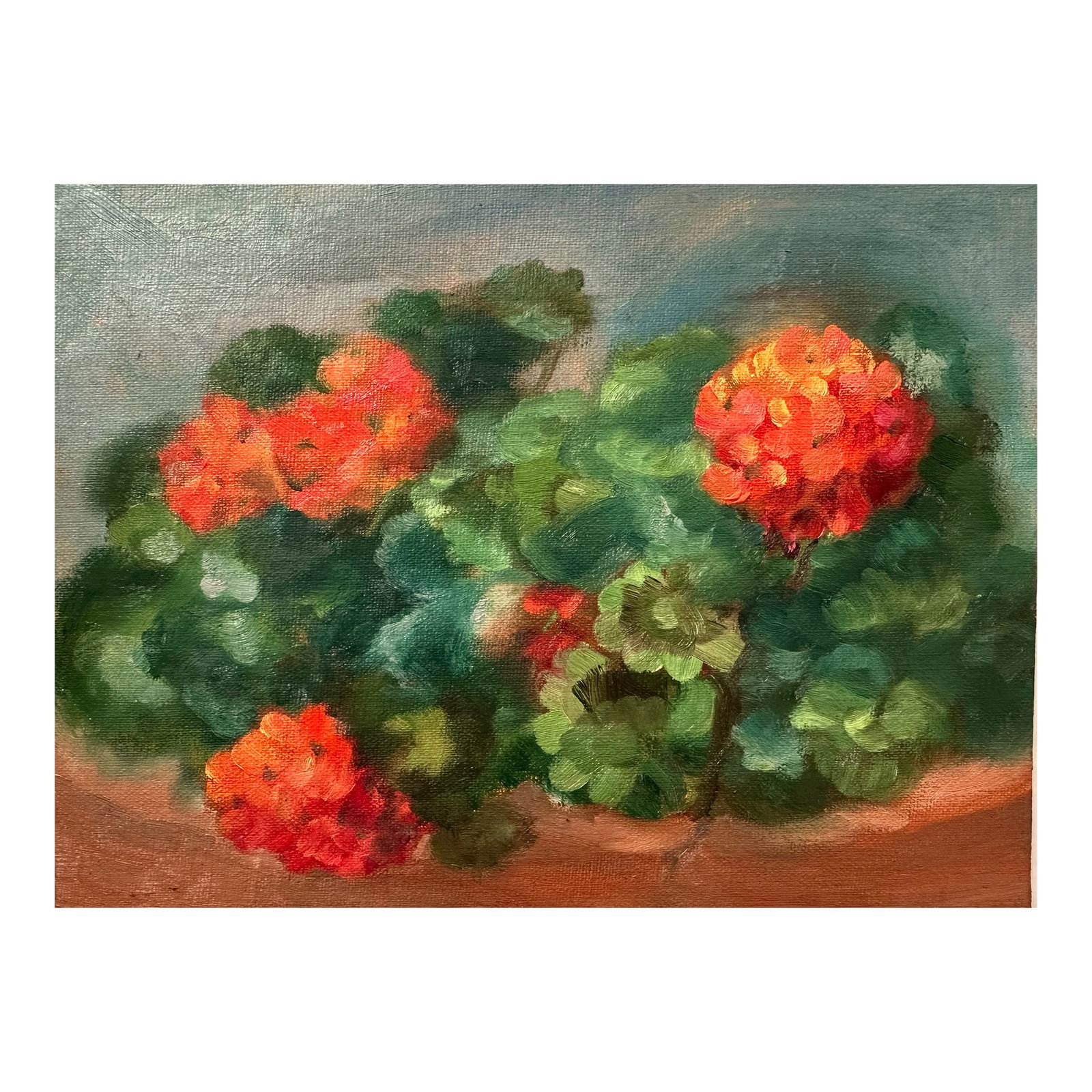 Original Fine Art Painting - Garden Flowers: Outside my home are red geraniums. They really look nice when the sun shines on them brightening the surroundings. I wanted to portray a little shine. Condition: Imperfections: No Imperfections