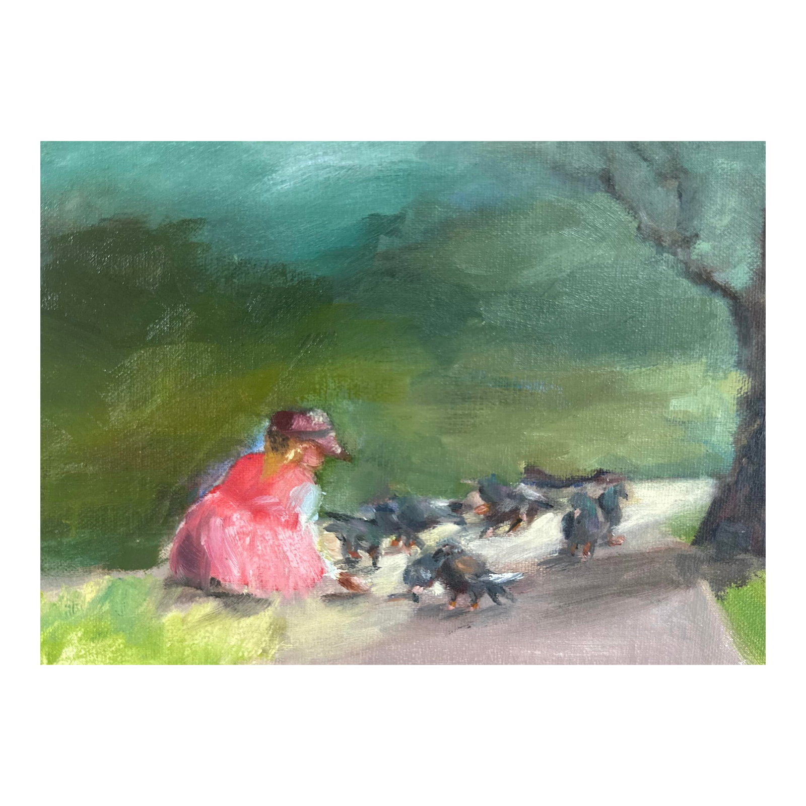 Feeding the Pigeons Impressionist Oil Painting: In my painting, I wanted to capture this little girl I saw feeding the pigeons. I saw her at Balboa Island near a place called "The Wedge" that is known for its surfing. Her guardians were sitting at