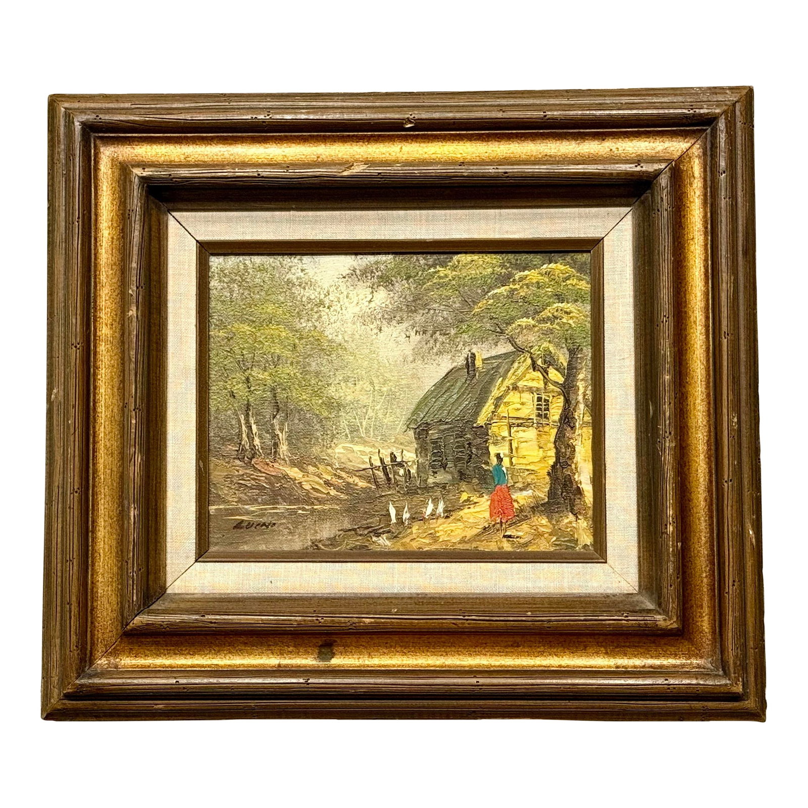 Vintage Impressionist Original Oil Painting Features Countryscape by John Luini (1913 - 2002): Artist: John A Luini (1913-2002) Size: 10" x 8" Framed size: 18" x 16" x 2" Medium: original oil painting Subject: countryside landscape with a cabiin by a river and surrounded by a lot trees. Artist