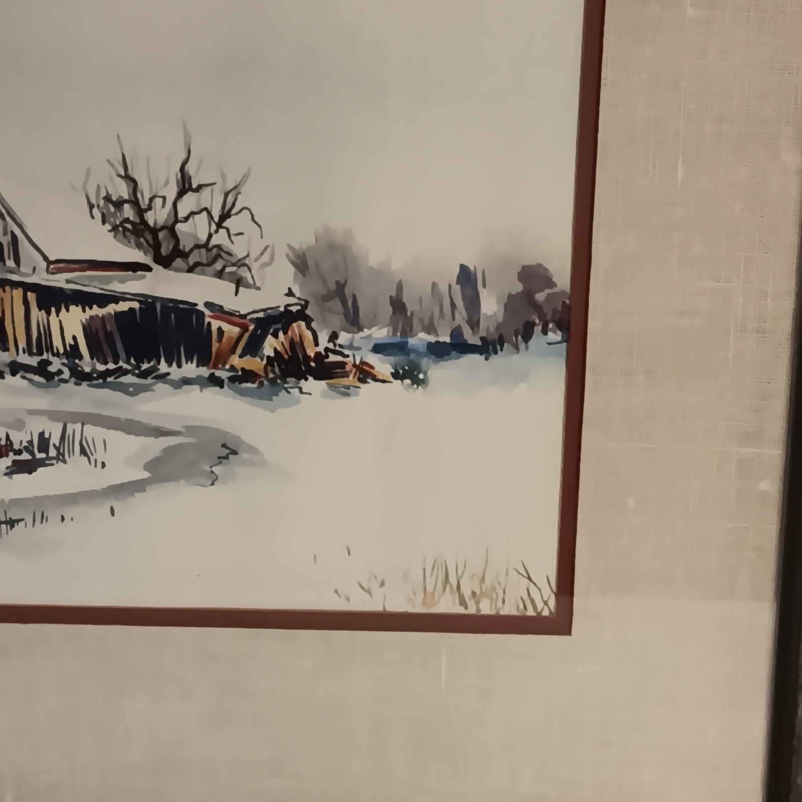 Vintage Watercolor Winter Landscape Snow Red Barn Trees Matted Framed & Signed - 10