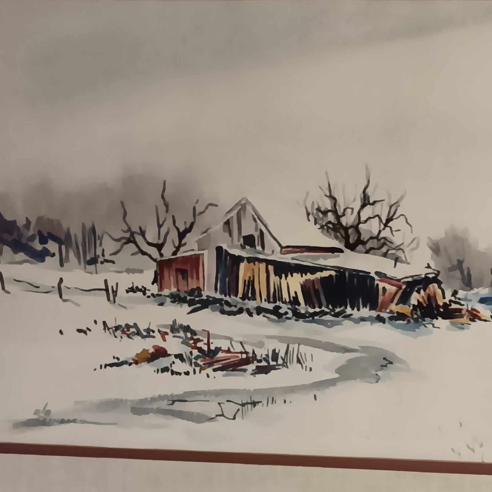Vintage Watercolor Winter Landscape Snow Red Barn Trees Matted Framed & Signed - 13