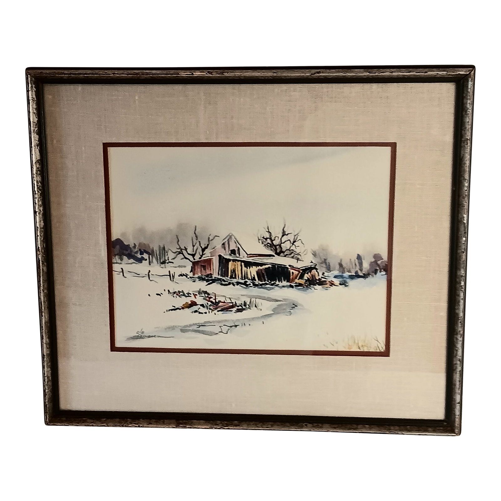 Vintage Watercolor Winter Landscape Snow Red Barn Trees Matted Framed & Signed: Vintage Watercolor Winter Landscape Snow Red Barn Trees Matted Framed & Signed Clear Glass front Approximately 21" x 18" Good condition. Frame has considerable wear. See photos. Condition:
