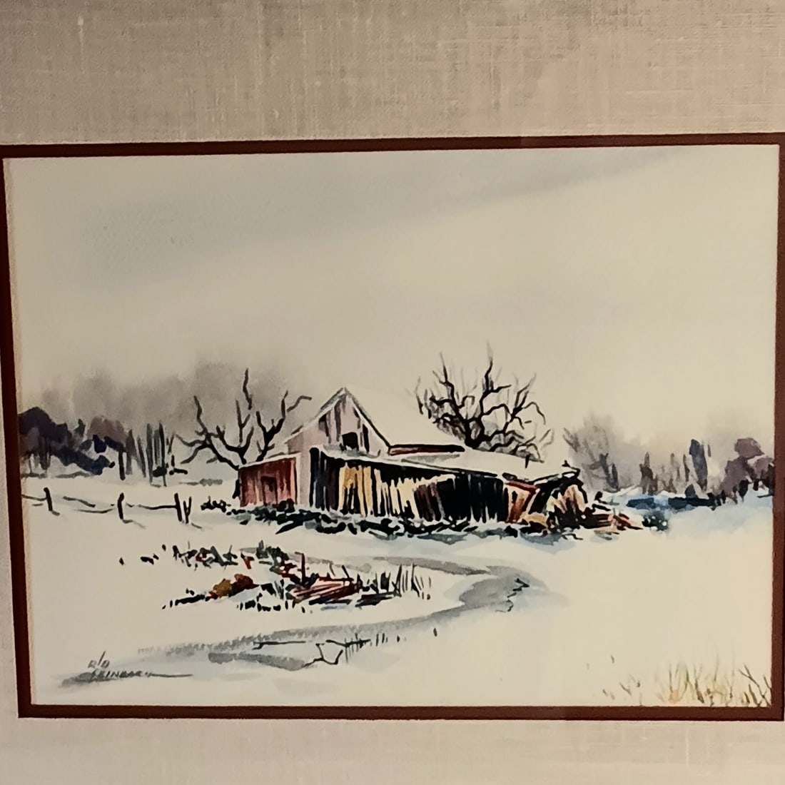 Vintage Watercolor Winter Landscape Snow Red Barn Trees Matted Framed & Signed - 2