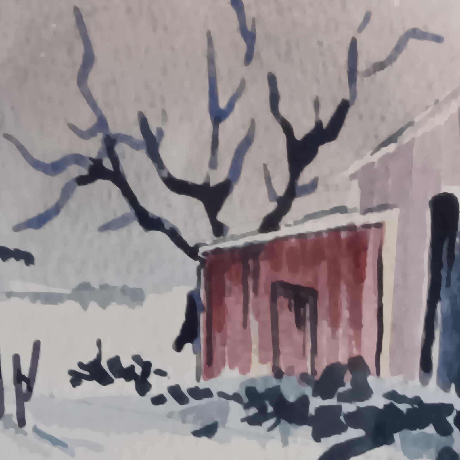 Vintage Watercolor Winter Landscape Snow Red Barn Trees Matted Framed & Signed - 9