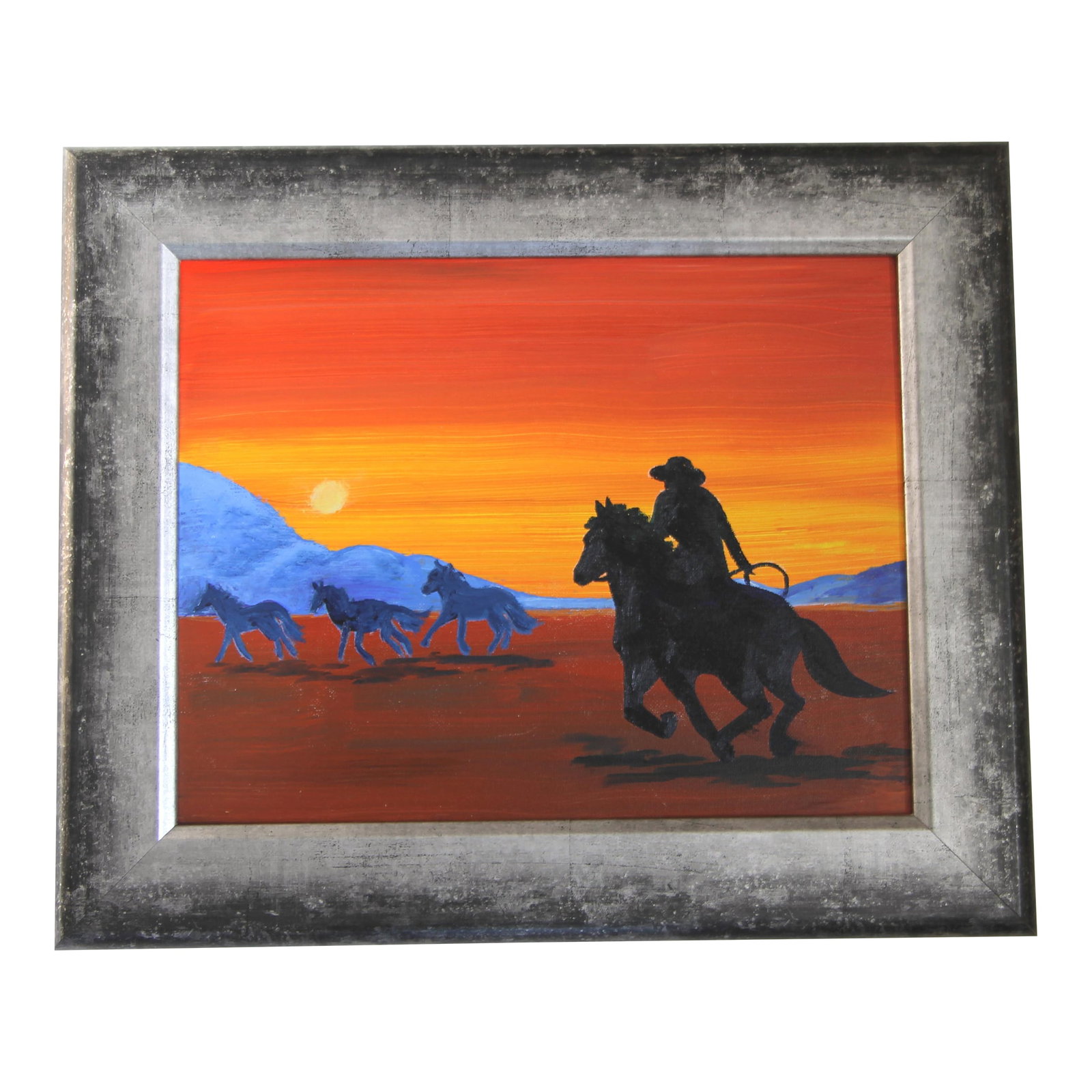 Horse Cowboy Western Landscape Minimalism Abstract Americana Sienna Orange Yellow Indigo Original Oi: Wild horses in an American Western landscape with mountains and cowboy, at sunrise. In shades of orange, yellow, sienna, blue, indigo. Minimalism, Americana, Abstract . Framed in a quality contemporar
