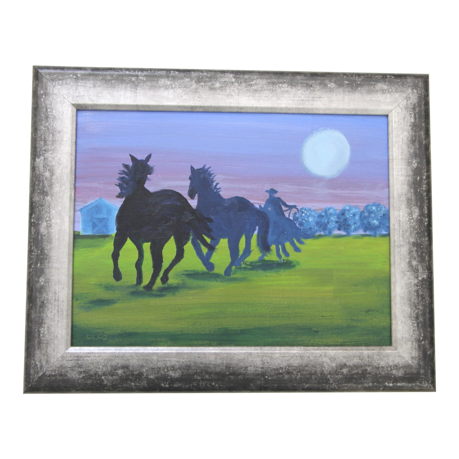 Horses Western Americana Landscape Green Blue Indigo Original Oil Painting Cleo Plowden: Wild horses in an American Western landscape with trees, barn and cowboy, at dusk. In shades of green, blue, indigo. Minimalism, Americana, Abstract . Framed in a quality contemporary wooden frame of 