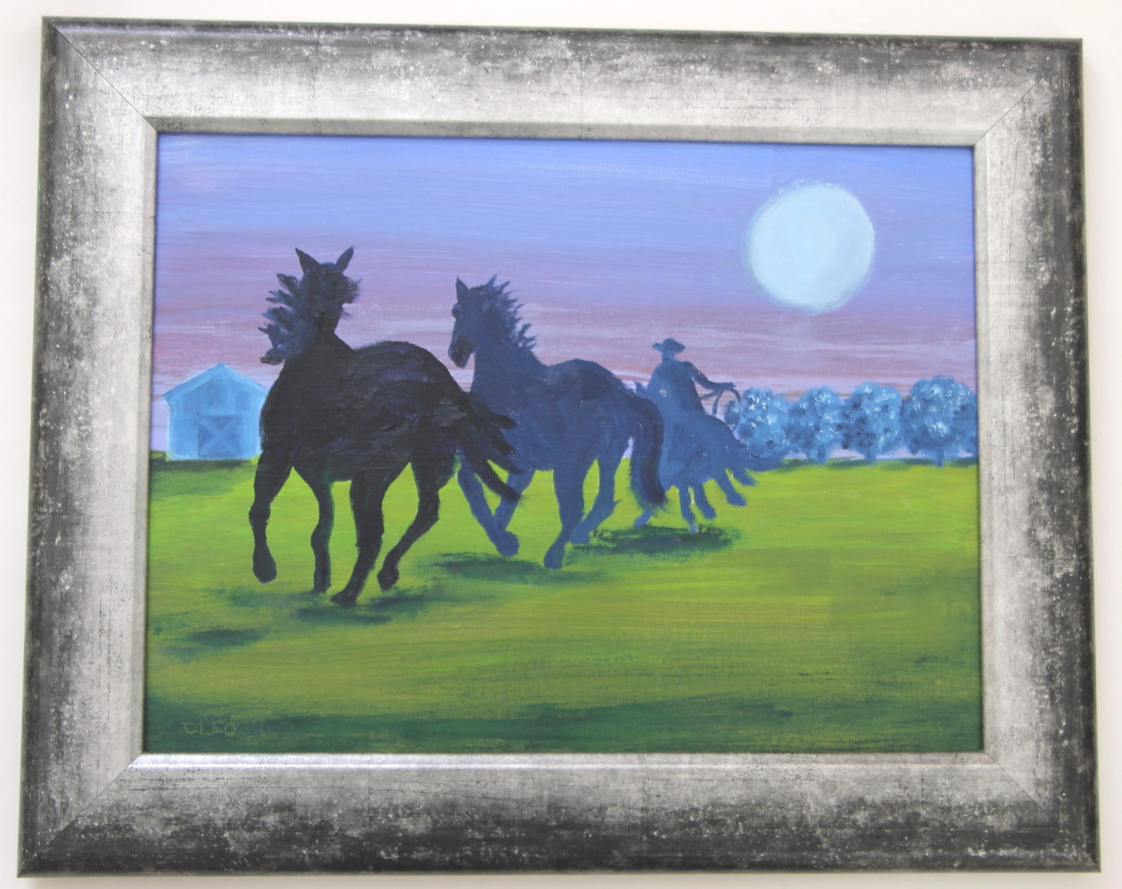 Horses Western Americana Landscape Green Blue Indigo Original Oil Painting Cleo Plowden - 2