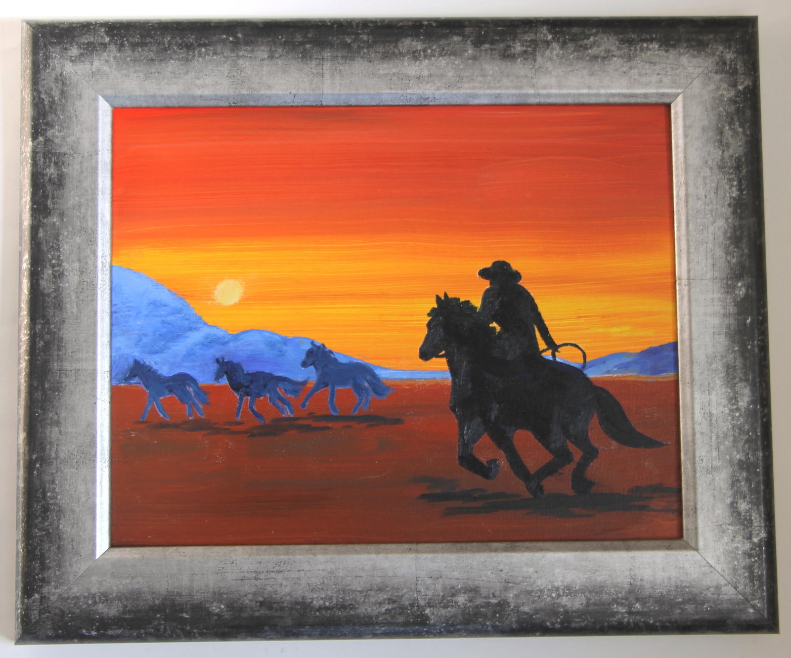 Horses Western Americana Landscape Green Blue Indigo Original Oil Painting Cleo Plowden - 5