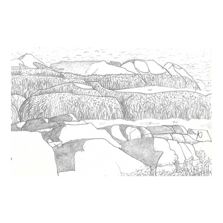 1987 Robert Angeloch Monhegan Maine Coast Drawing: Drawing on paper by Robert Henry Angeloch (1922-2011). Signed with an "A" lower right. Estate stamp on the back and location. Bob Angeloch was born in Richmond Hill, New York, April 8, 1922, to