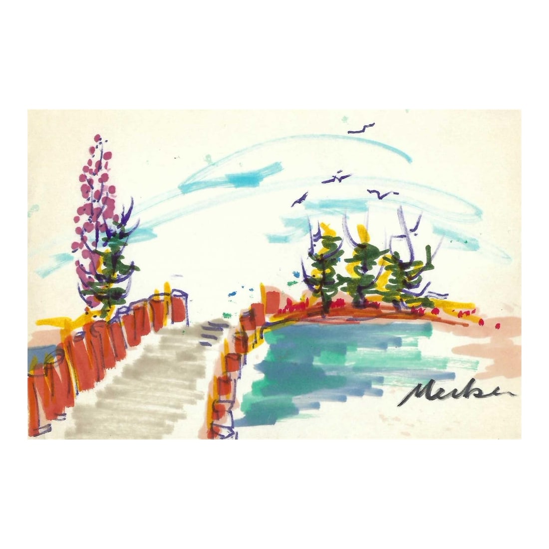 Alexandra Merker Landscape Painting: Alexandra Merker (1920-2009) MCM landscape painting on paper. Signed lower right. Combined shipping available, please inquire. Shipping times are significantly shorter than Chairish estimates.