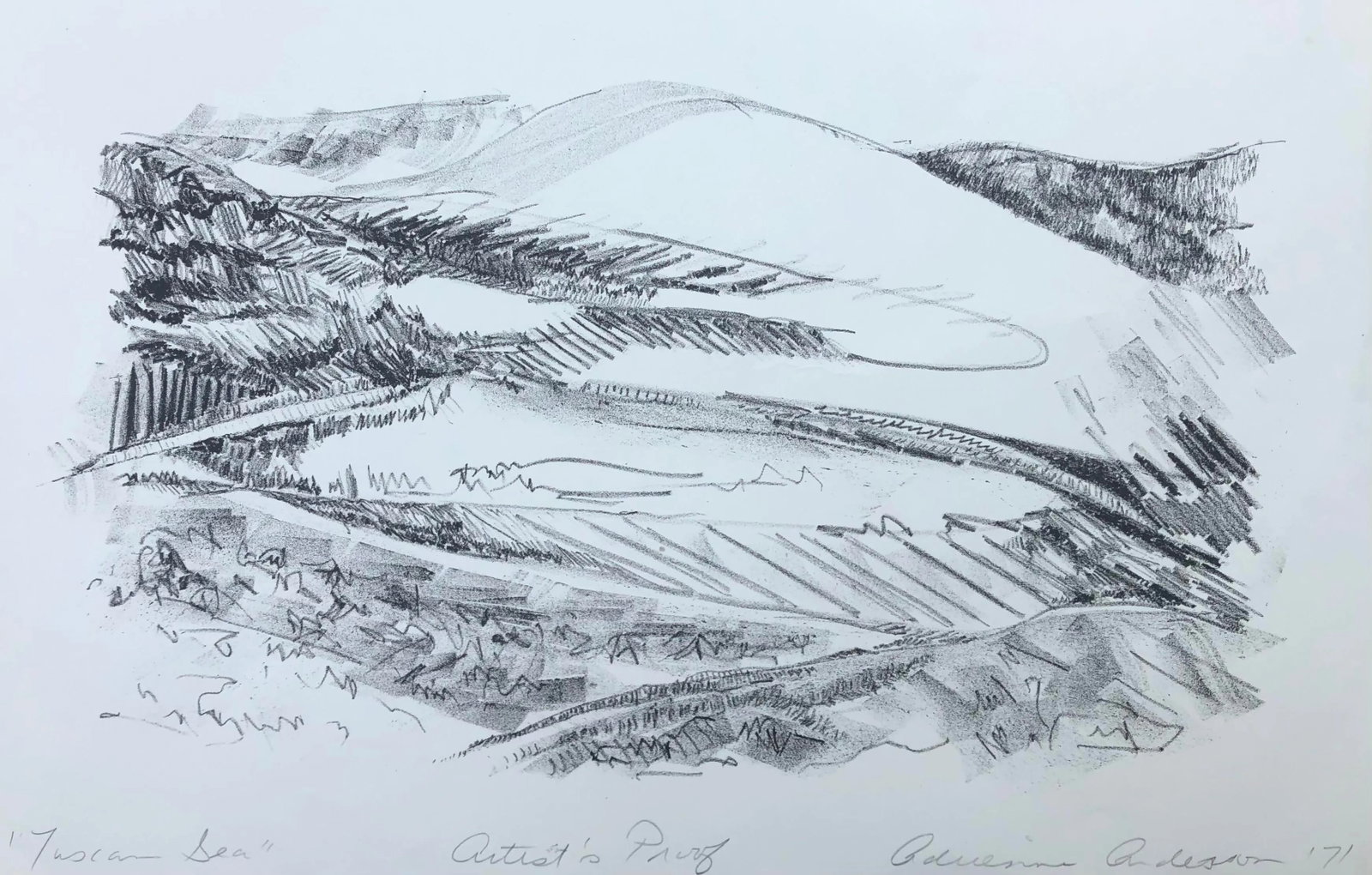 1971 Adrienne Anderson Tuscan Sea Lithograph: "Tuscan Sea" lithograph by Atlanta artist Adrienne Anderson (1949-2020). Anderson earned her MFA from University of Georgia and taught at several colleges and institutions including Penland in North