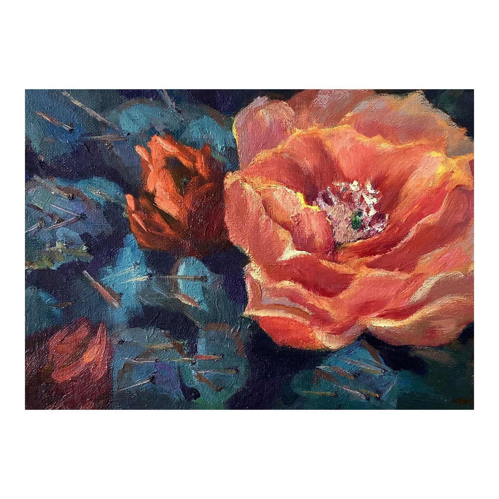 Original Fine Art Painting - Cactus Flower: I was out for a hike and noticed flowering cactus. This one is popping out of the greenery around it. ***************** For more than four decades, I have dedicated myself to the arts, selling