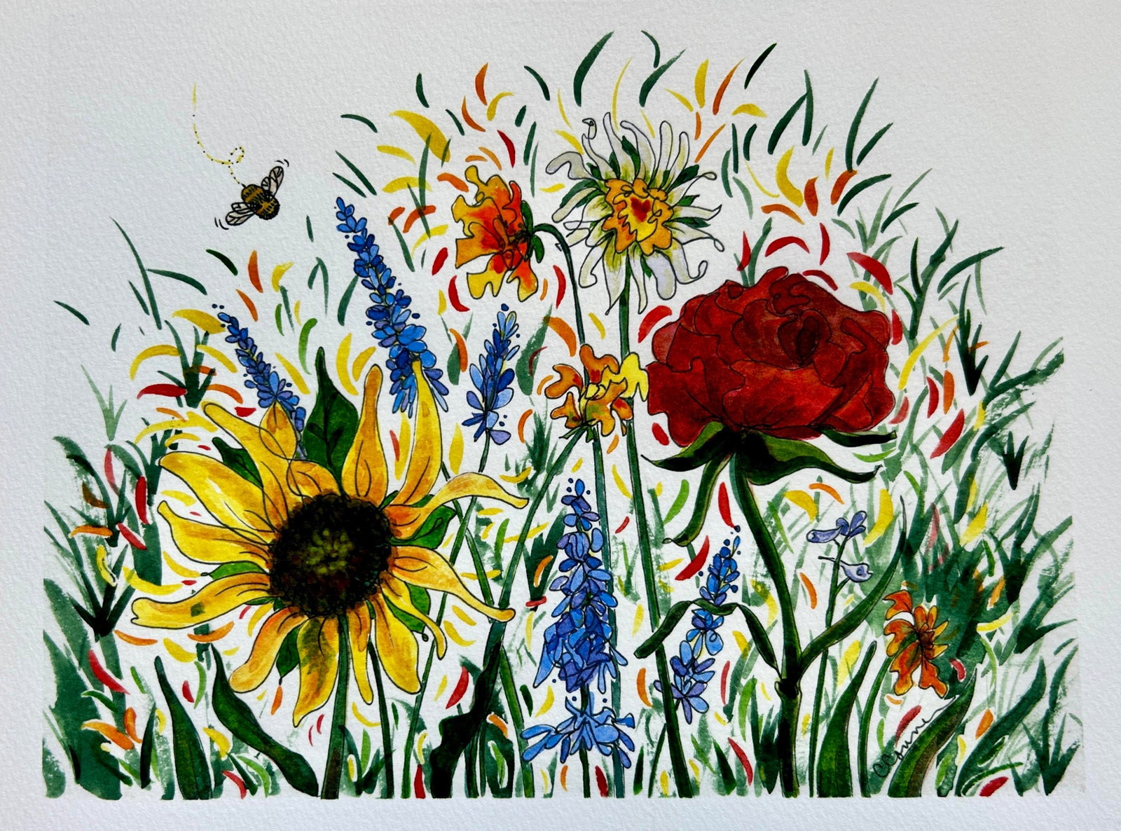 Framed Original Watercolor Painting of "Bees Garden" - 12