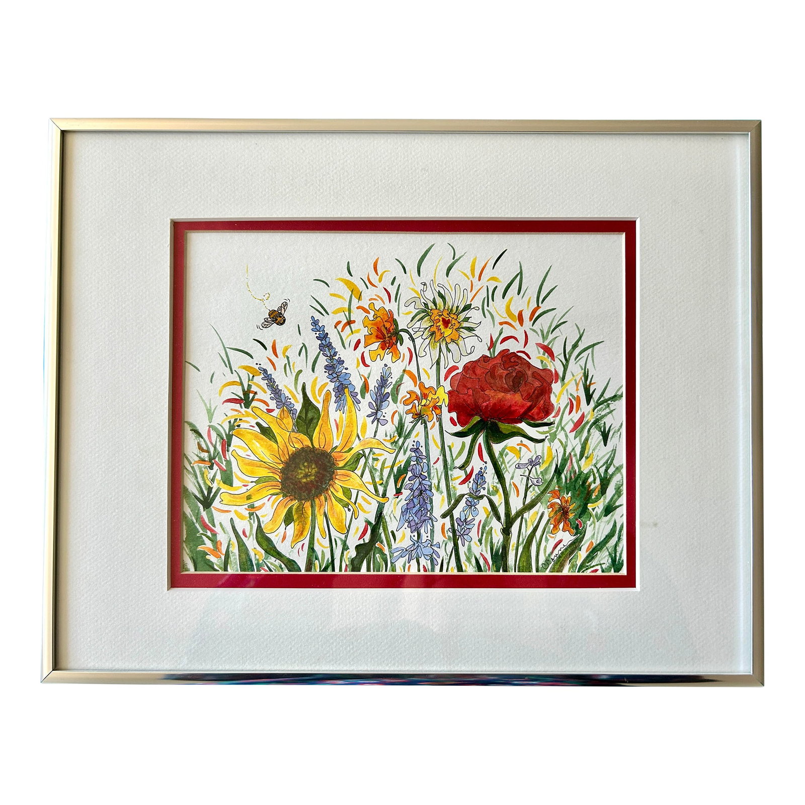 Framed Original Watercolor Painting of "Bees Garden": Framed Original watercolor painting of a "Bees Garden."approximately 14 x 11 x 1 inches. Professional archival watercolor paint and paper were used. Custom metal frame and mat included. The copyright