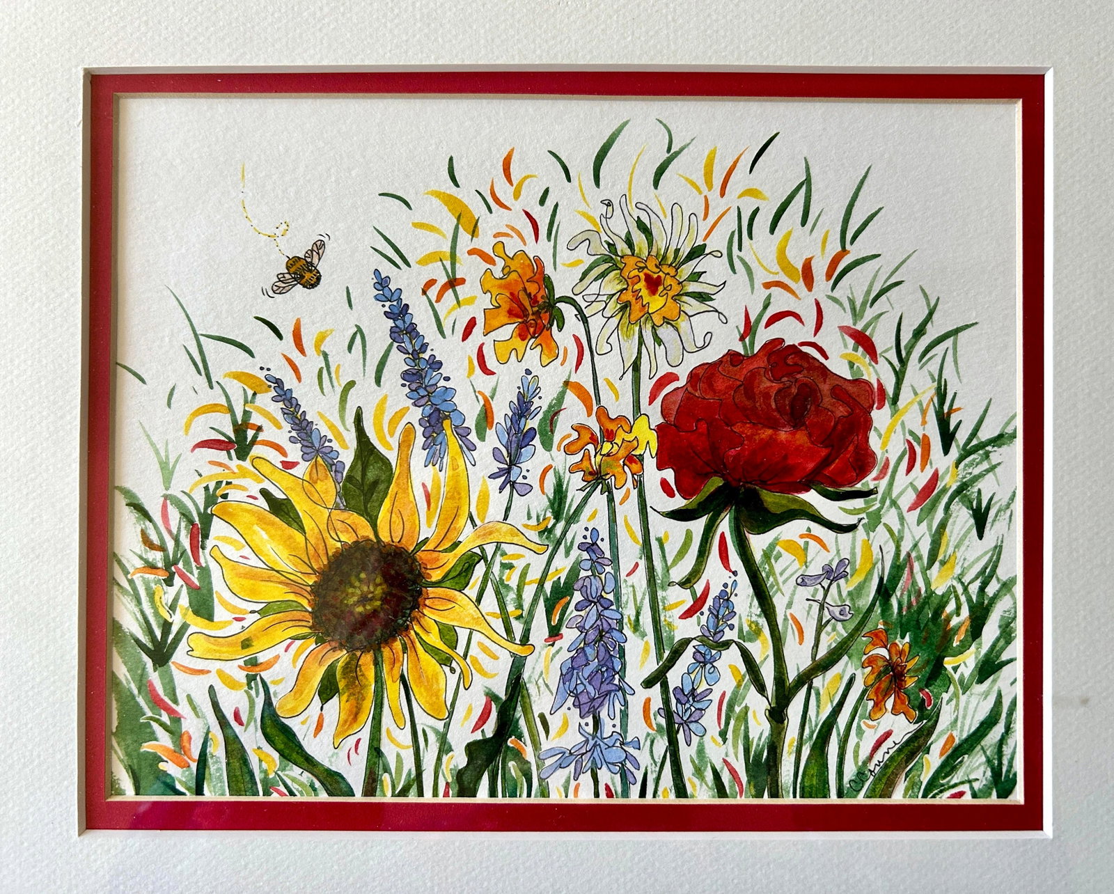 Framed Original Watercolor Painting of "Bees Garden" - 2