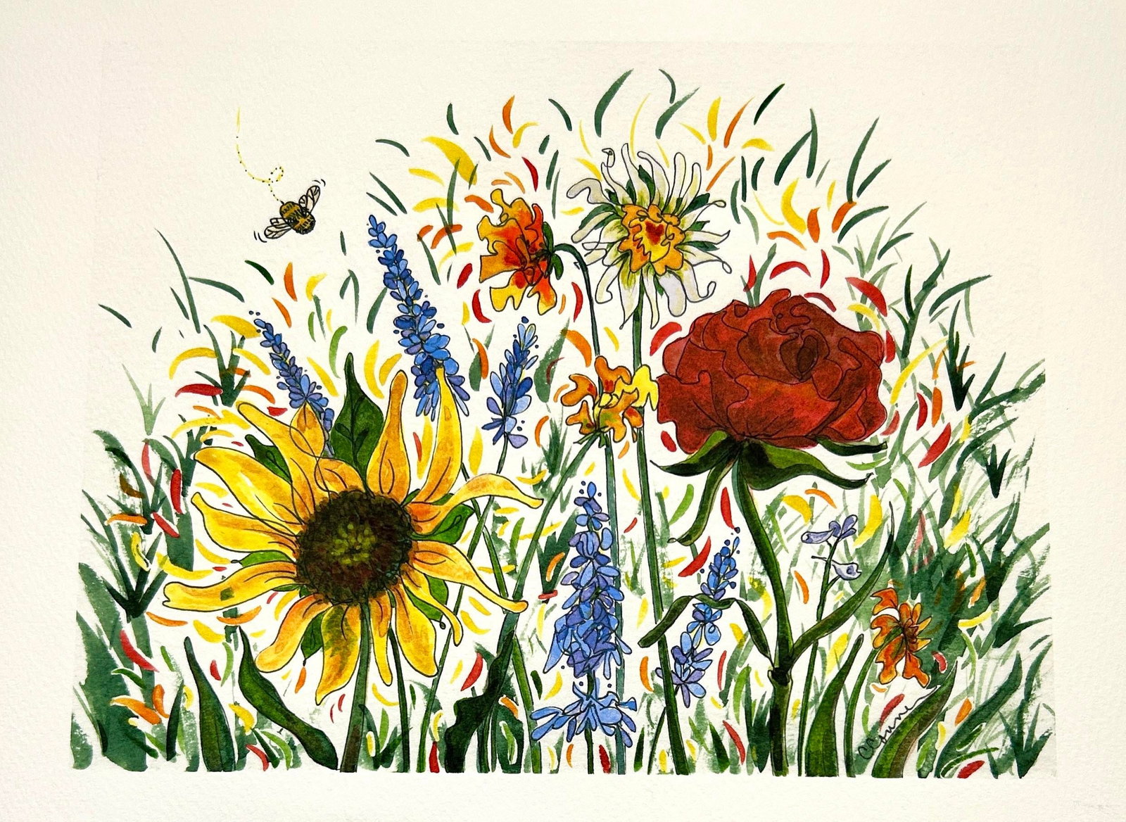 Framed Original Watercolor Painting of "Bees Garden" - 4