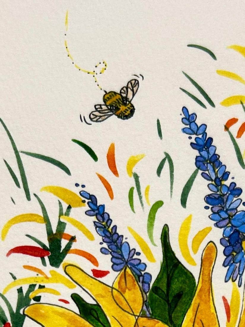 Framed Original Watercolor Painting of "Bees Garden" - 7