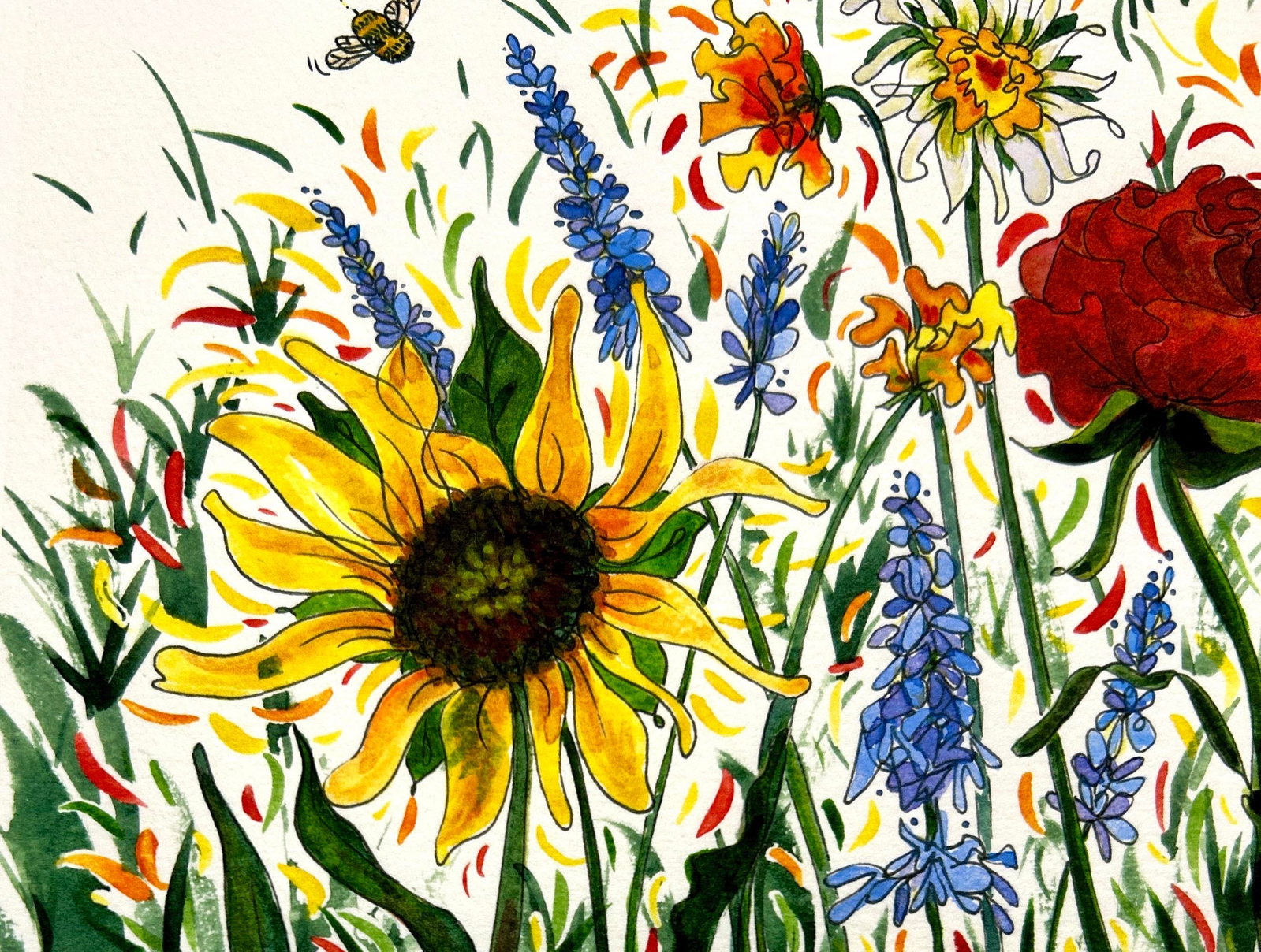Framed Original Watercolor Painting of "Bees Garden" - 8