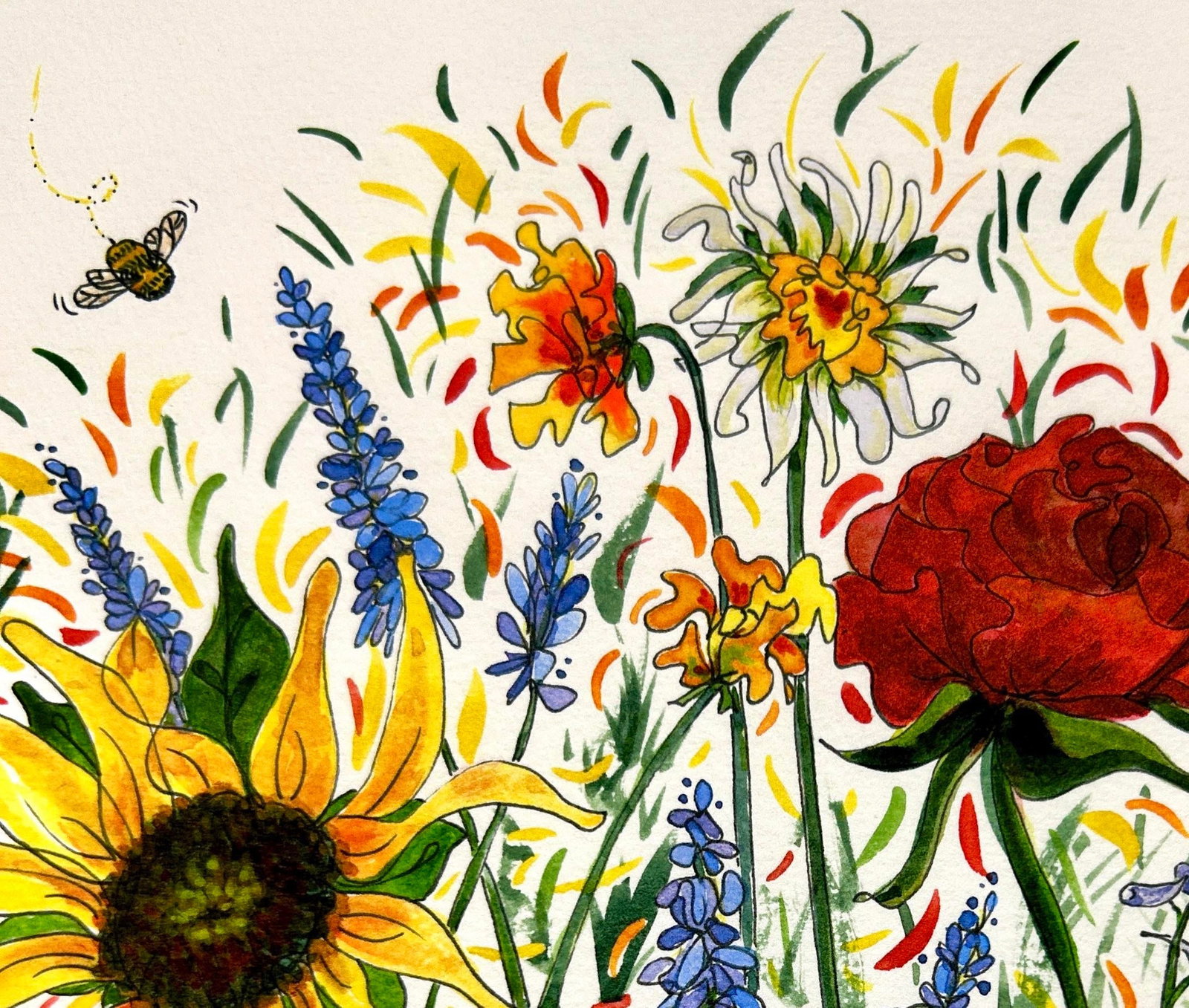 Framed Original Watercolor Painting of "Bees Garden" - 9