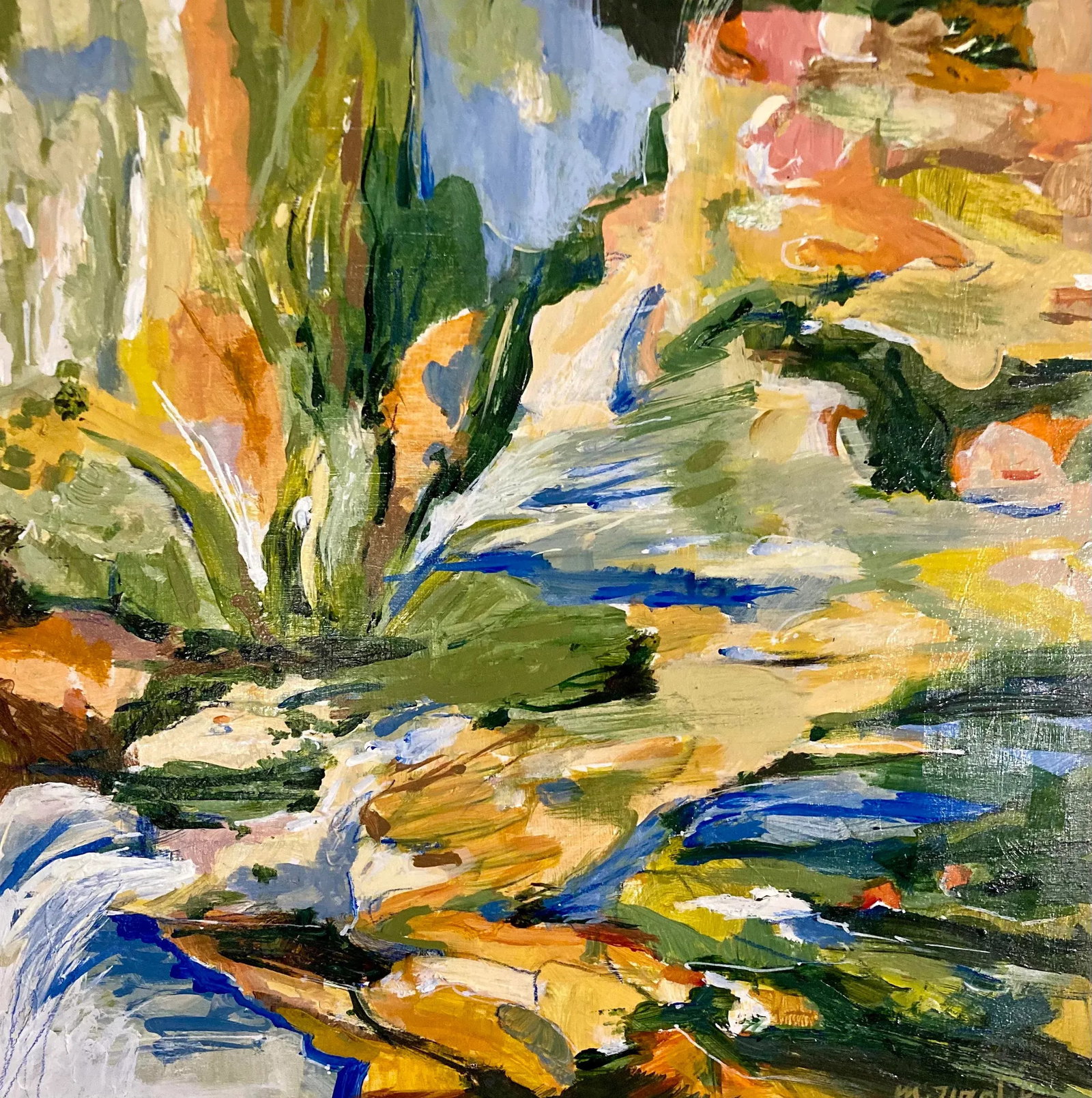 Contemporary Abstract Botanical Landscape Mixed-Media Painting Titled "Oasis": This is a bright bold abstract landscape painting has vivid greens, ochers, blues and other natural colors. It is unframed on a wood panel and ready to hang. The title is ''Oasis'' and is signed on
