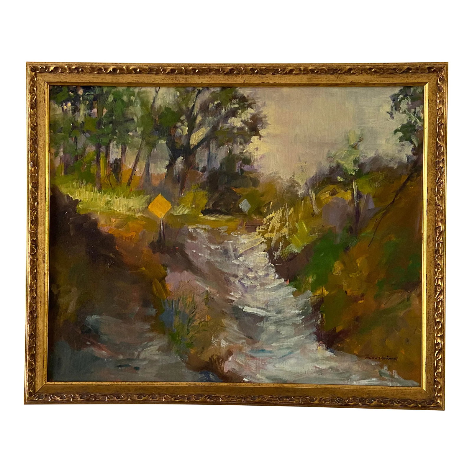 Contemporary Original Plein Air Rural Missouri Landscape Oil Painting by Marina Movshina, Framed: A vibrant original painting created plein-air in rural Missouri. The painting is 16inches tall by 20 inches wide. The framed size is 18 inches tall by 22 inches wide and is beautifully framed in an