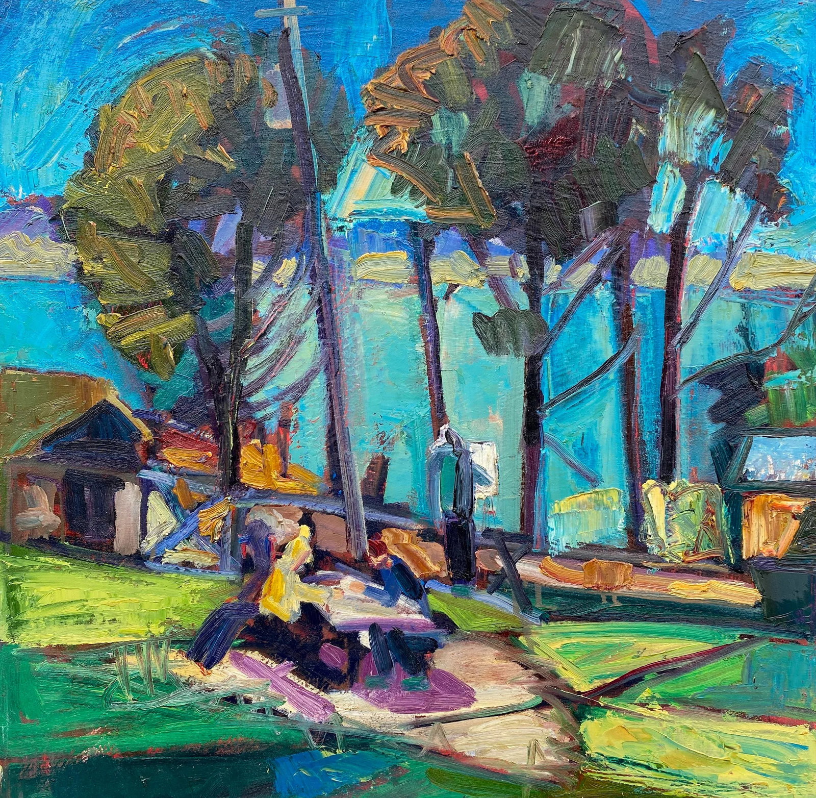 Contemporary Northern California Plein Air Landscape Painting by James Hartman: This plein air painting was done in 2008. I painted it in a small town by SFBAY, where peacocks roam freely. It was a very interesting little town on the bay and fun to paint a few of the locals, and 