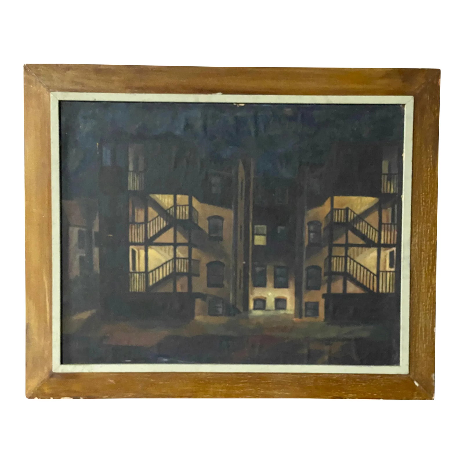 1950s Tenement Row House Social Realist Painting by Leonard Buzz Wallace: Purchased straight from the Estate of Leonard Buzz Wallace. Painted by Wallace who taught and lectured on fine art at Orange County Community College, Middletown, NY through out the 1960-80s.